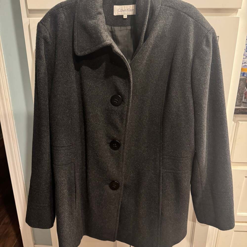 Calvin Klein Women's Charcoal Grey Wool Blend Single Breasted Peacoat Size 2X